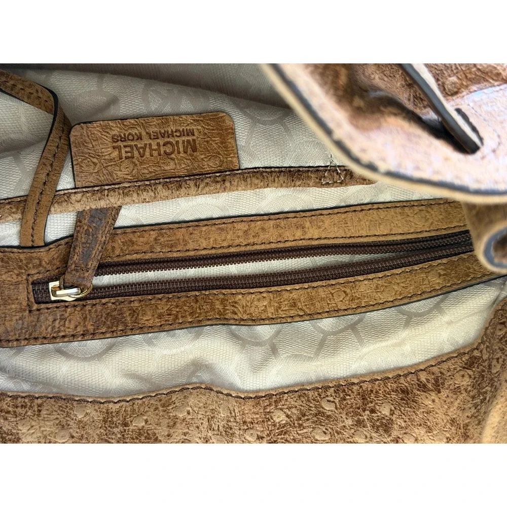 Michael Kors Hamilton Ostrich Embossed Leather Satchel Brown Gold Link Strap